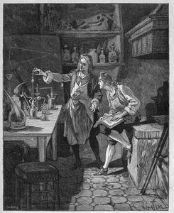 Philipp II. Herzog von Orléans (1674-1723) betreibt Chemie mit Humbert. Gravur des 19. Jahrhunderts. In „Histoire de France“ von Jules Michelet von Unknown artist