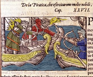 Piraterie wurde von vielen skandinavischen Adelsfrauen praktiziert (Kupferstich aus Historia de gentium septentrionalium von Olaus Magnus, Venedig 1567) von Unknown artist