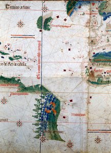 Planisphäre von Cantino: Karte von Alberto Cantino aus dem Jahr 1502, die die Grenzlinie des Vertrags von Tordesillas (1494) zwischen portugiesischem und spanischem Amerika darstellt. Biblioteca Estense, Modena von Unknown artist