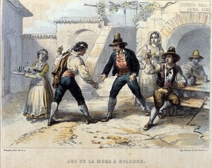 Spieler von Würfeln (Morra), italienisches Spiel in einer Osteria (Gasthaus) in Bologna. Anfang des 19. Jahrhunderts
