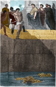 Pollion Vedius, römischer Gastronom, berüchtigt für seine Grausamkeit gegenüber seinen Sklaven. Um sie zu fangen, warf er sie lebendig zu seinen Muränen. Eines Tages aß Augustus (Caius Octavius Thurinus) bei ihm zu Hause, also ließ er einen Sklaven stürzen