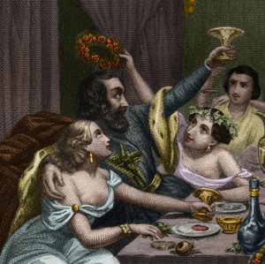 Papst Alexander VI. (1431-1503) (Alessandro, Rodrigo Borgia) feiert die Hochzeit seiner Tochter Lucrezia Borgia mit 50 Kurtisanen im Vatikan. Gravur von 1842 in „Histoire des popes: crimes, murders, poisonings, parricides“.