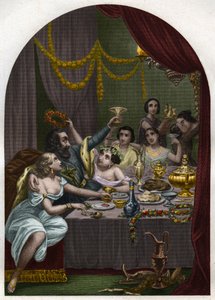 Papst Alexander VI. (1431-1503) (Alessandro, Rodrigo Borgia) Rodrigo Borgia feiert die Hochzeit seiner Tochter Lucrezia Borgia (Lucrezia) mit 50 Kurtisanen im Vatikan. Gravur von 1842 in „Histoire des popes: crimes, murders, poisonings, parricides“