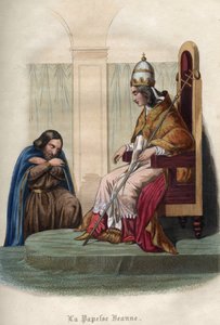 Papst Johanna, die zwischen 855 und 858 regierte, in päpstlichen Gewändern. Papst Johanna (Pontifikat von 855 bis 858) in pontifikalen Kleidern. Gravur von 1842 in „Histoire des popes“ von Maurice Lachatre. Private Sammlung.