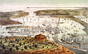 Hafen von New York; Luftansicht. Gravur um 1892 von Unknown artist