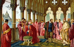 Porträt von Galileo Galilei, genannt Galileo (1564 - 1642), präsentiert das Fernrohr dem Dogen in seinem Dogenpalast in Venedig.