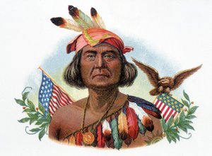 Porträt von Geronimo, Apache-Häuptling vor amerikanischen Flaggen. Chromolithographie des 19. Jahrhunderts.