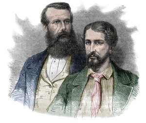 Porträt von John Hanning Speke, britischer Entdecker, und James Augustus Grant, britischer Soldat und Entdecker. Gemeinsam erkundeten sie die Quellen des Nils - Gravur aus „The picturesque history of great voyages in the nineteenth century“ 1877