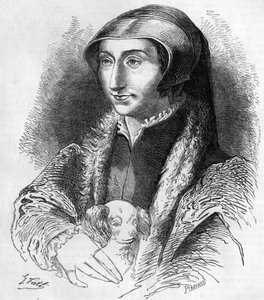 Porträt von Margarete von Navarra (Marguerite von Valois, Marguerite von Angoulême oder Marguerite von Frankreich (1492-1549) Königin von Navarra und Dichterin, Schwester von Franz I. (1553-1615). Gravur aus dem 19. Jahrhundert.
