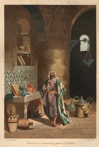 Porträt von Rhases (Rhazes, Razi, Al-Razi, Razis oder Rases) (840-923) persischer Wissenschaftler) in seinem Labor in Bagdad. Barcelona 1881