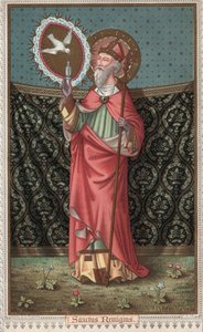 Porträt von Saint Remi (437-533) Besuch der Taube des Heiligen Geistes. Chromolithographie aus dem späten 19. Jahrhundert. von Unknown artist