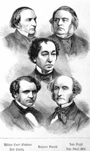 Porträt von William Ewart Gladstone, John Bright, Lord Stanley, John Stuart Mill und Benjamin Disraeli - in „Les Contemporains“