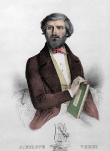 Porträt des italienischen Komponisten Giuseppe Verdi mit der Partitur von „I Due Foscari“. Gravur von 1844.