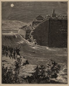 Töpferei: Rohziegel im antiken Griechenland. Die Armee von Pausanias (5. Jahrhundert v. Chr.) lenkt den Lauf eines Flusses um, um die Mauern aus Rohziegeln zu zerstören, die die Stadt Mantineia schützen. Gravur von 1885 in „Les arts et métiers illustrés“ v von Unknown artist