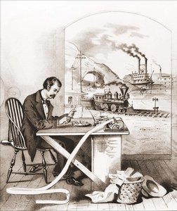 Fortschritt des Jahrhunderts (19. Jahrhundert): Morse-Telegraphie, Dampfschiff, Zug usw. Gravur des 19. Jahrhunderts