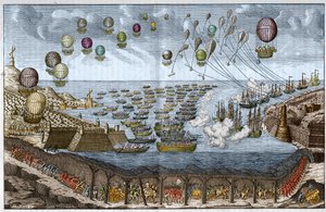 Angriffsplan gegen England 1803 durch Napoleon I. - Französische Truppen marschieren durch den Kanaltunnel, während Schiffe und Ballons See- und Luftangriffe durchführen - Gravur von 1803