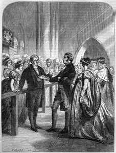 Königin Caroline (Caroline von Braunschweig-Wolfenbüttel), Königin von König Georg IV. des Vereinigten Königreichs, wird 1820 von der Tür der Westminster Abbey abgewiesen (Gravur).