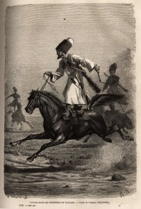 Rennen der Kosaken, balancieren stehend auf ihrem Sattel, Reiter peitschen ihre Pferde, um sie zum Galoppieren zu bringen. Gravur zur Illustration der Reise in die Provinzen des Kaukasus, von Basile Vereschaguine, 1864-1865, veröffentlicht in „Le tour du m von Unknown artist