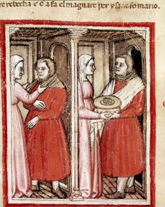 Rebekka gibt ihrem Sohn Jakob, der Esaus Kleidung trägt, einen Teller mit Ziegenfleisch, damit er es zu seinem blinden Vater Isaak bringt und seinen Segen anstelle von Esau erhält Miniatur aus Codex 212 (oder Padovano oder Bibel von Padua) 1390-1400 Rovigo