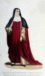 Religiöser des Ordens des fleischgewordenen Wortes in zeremonieller Kleidung. Gravur aus einem Album über religiöse Orden, Paris von Unknown artist