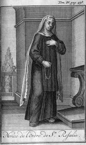 Religiöser Orden. Novize des Ordens von St. Rosalia in Palermo auf Sizilien im 17. Jahrhundert. In "Geschichte der militärischen Orden oder Ritter, der sicheren und routinemäßigen Milizen beider Geschlechter, die bisher gegründet wurden. Ausgabe von Abbe G von Unknown artist