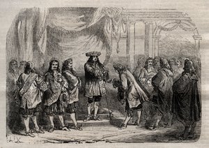 René Duguay Trouin (Duguay-Trouin) (René Trouin du Gué genannt) (1673-1736) erhält das Kreuz von Saint-Louis aus den Händen von König Ludwig XIV. - Gravur in „Dictionnaire populaire illustré“ - 1864 - von Joseph Decembre und Edmond Allonier von Unknown artist