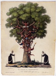 Darstellung der Benevent-Walnuss, Hexen und Dämonen der Legende, die das Ballett „Il noce di Benevento“ von Franz Xaver Sussmayr inspirierte. Illustration aus dem 19. Jahrhundert