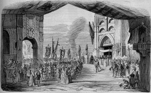 Aufführung von Don Carlo, Oper in 5 Akten von Giuseppe Verdi an der Pariser Oper am 11. März 1867. Der Autodafé, 3. Akt, Dekor von Cambon und Thierry. Gravur von 1867. von Unknown artist