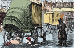 Darstellung der Badehütte, erfunden 1750 von Benjamine Beale: Frauen gelangen direkt vom pferdegezogenen Wagen ins Meer. Humoristische Zeichnung aus „Punch Magazine“ 1870