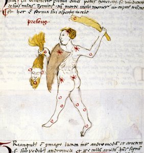 Darstellung des Sternbildes Bouvier (Bootes). Der Jäger Bootes hält die Haare der Berenike in der Hand. Miniatur aus „Astronomica“ von Biasino da Parma (Blaise de Parma) (1425-1457)