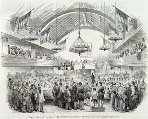 Revolution von 1848: Brüderlichkeitshalle, Rue Martel, der Präsident vertagte die Sitzung beim Eintritt des Kommissars in den Raum