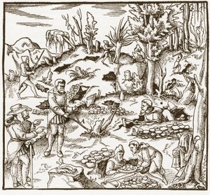 Rhabdomantie - Erkundung eines Bergbaugebiets mit der Wünschelrute - Männer schneiden und verwenden Wünschelruten, um Mineralien zu lokalisieren - Aus „De re metallica“ von Georgius Agricola (Georg Bauer), Basel