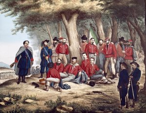 Risorgimento: Der italienische Patriot Giuseppe Garibaldi (1807-1882) wird in Aspromonte am 29.08.1862 verwundet und von Soldaten transportiert