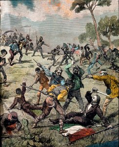 Risorgimento: Der italienische Revolutionär Carlo Pisacane wird am 28.06.1857 von Bauern in Sapri überfallen. Gravur, Privatsammlung