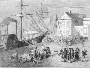 Robert Fulton, amerikanischer Erbauer, an Bord der Clermont, eines Bootes, das er 1807 baute, um die Verbindung New York - Albany auf dem Hudson River bereitzustellen. Gravur des 19. Jahrhunderts