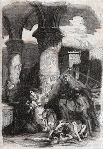 Rodomont massakriert die Bewohner von Paris - Gravur von 1851 aus „Roland der Rasende“ (Orlando furioso) (16. Jahrhundert) von Ludovico Ariosto, bekannt als der Ariosta - Ausgabe, übersetzt aus dem Italienischen von Graf von Tressan und veröffentlicht von 