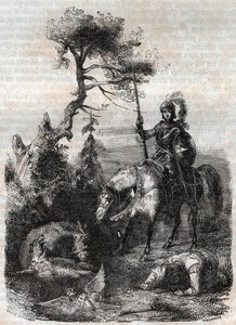 Roger (Ruggero, Ruggiero) benutzt den verzauberten Schild - Gravur von 1851 aus „Roland der Rasende“ (Orlando furioso) (16. Jahrhundert) von Ludovico Ariosto, bekannt als der Ariosta - Ausgabe, übersetzt aus dem Italienischen von Graf von Tressan und veröf