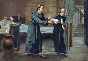Roger Bacon, Franziskanermönch, Theologe, Philosoph und englischer Gelehrter (1214-1294) sendet das Buch „Opus majus“ (1267-1268) an den Papst. In „La Ciencia y sus Hombres“ von Louis Figuier, Barcelona 1881