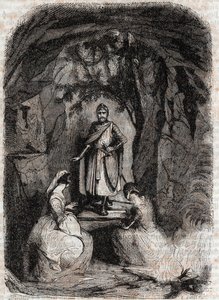 Roland sieht Isabelle in einer Höhle - Gravur von 1851 aus „Furioser Roland“ (Orlando furioso) (16. Jahrhundert) von Ludovico Ariosto, bekannt als der Ariosta - Ausgabe übersetzt aus dem Italienischen von Graf von Tressan und veröffentlicht von Gustave Har von Unknown artist