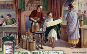 Römischer Buchhändler. Chromolithographie, Liebig-Bild. von Unknown artist