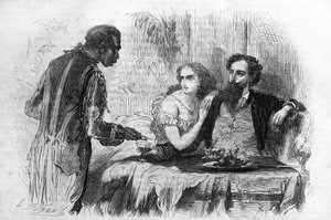 Romanserie: „Die Puritaner von Paris“ von Paul Bocage (1824-1887). „Der Neger brachte Robert die Visitenkarte.“ Gravur in „Les bons romans“ von Unknown artist