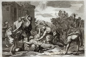 Royaumont-Bibel, Neues Testament: Tod des heiligen Stephanus, erster christlicher Märtyrer, durch Steinigung. Illustration von 1811.