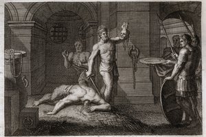 Royaumont-Bibel, Neues Testament: Enthauptung von Johannes dem Täufer. Man legt seinen Kopf auf ein Tablett. Illustration von 1811. von Unknown artist