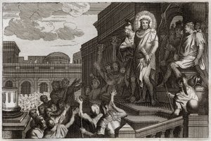 Royaumont-Bibel, Neues Testament: Ecce homo. Pontius Pilatus (Pontius Pilatius) präsentiert Jesus Christus mit Dornenkrone der Menge und sagt: „Hier ist der Mensch“. Illustration von 1811.