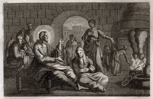 Bibel von Royaumont, Neues Testament: Martha und Maria. Jesus Christus betritt das Haus von Martha, die sich beeilt, ihn zu empfangen, während ihre Schwester Maria von Bethanien seinem Wort lauscht. Illustration von 1811.