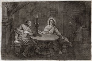 Royaumont-Bibel, Neues Testament: Nikodemus kommt nachts zu Jesus Christus. Illustration von 1811.