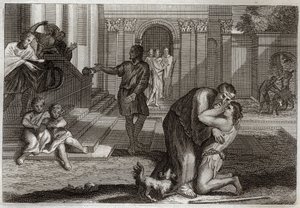 Royaumont-Bibel, Neues Testament: Gleichnis vom verlorenen Sohn. Der Sohn kehrt nach Hause zurück, nachdem er all sein Hab und Gut verloren hat. Er kommt, um seinen Vater um Vergebung zu bitten. Illustration von 1811 von Unknown artist