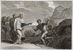 Royaumont-Bibel, Neues Testament: Besessener geheilt. Jesus Christus heilte einen Besessenen, den der Dämon wütend gemacht hatte. Illustration von 1811.