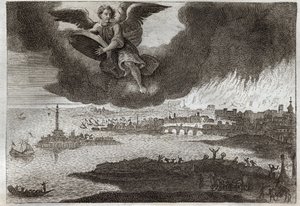 Royaumont-Bibel, Neues Testament: Ruine von Babylon. Babylon in Flammen, ein Engel wirft einen Stein ins Meer, symbolisiert die Zerstörung dieser Stadt während der Offenbarung. Illustration von 1811.