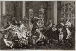 Royaumont-Bibel, Neues Testament: Vertreibung der Händler aus dem Tempel. Jesus Christus vertreibt aus dem Tempel diejenigen, die ihn durch den Handel dort entweiht haben. Illustration von 1811 von Unknown artist